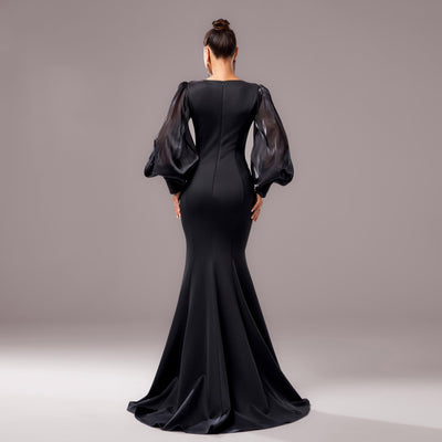 Women's Black Long Sleeve Round Neck Applique Sheath Fishtail Dress - High Waist
