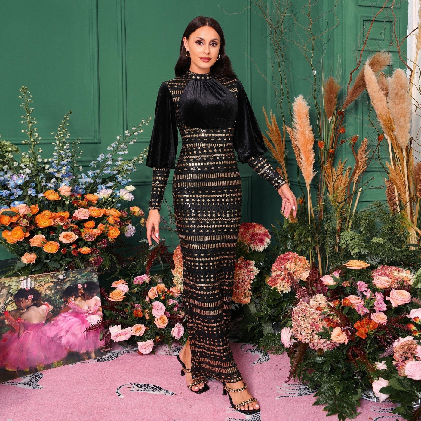Women's Long Sleeve Round Neck Sequined Evening Dress - High Waist - Long Length