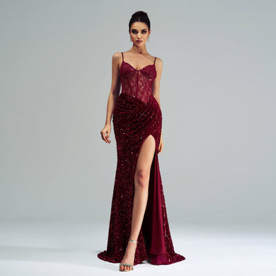 Women's Sleeveless Spaghetti Strap Sequined Evening Dress - High Slit - High Waist