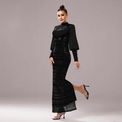 Women's Long Sleeve Round Neck Sequined Evening Dress - High Waist - Long Length