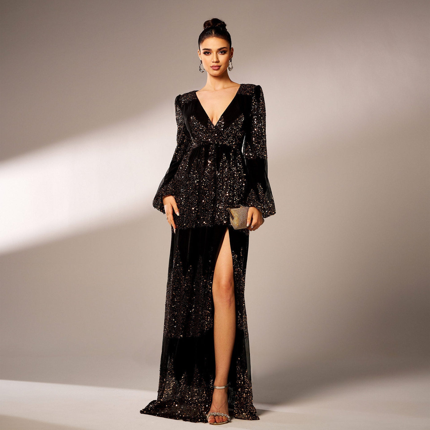Women's Long Sleeve V-Neck Evening Dress - Sequin - Long Length - Polyester