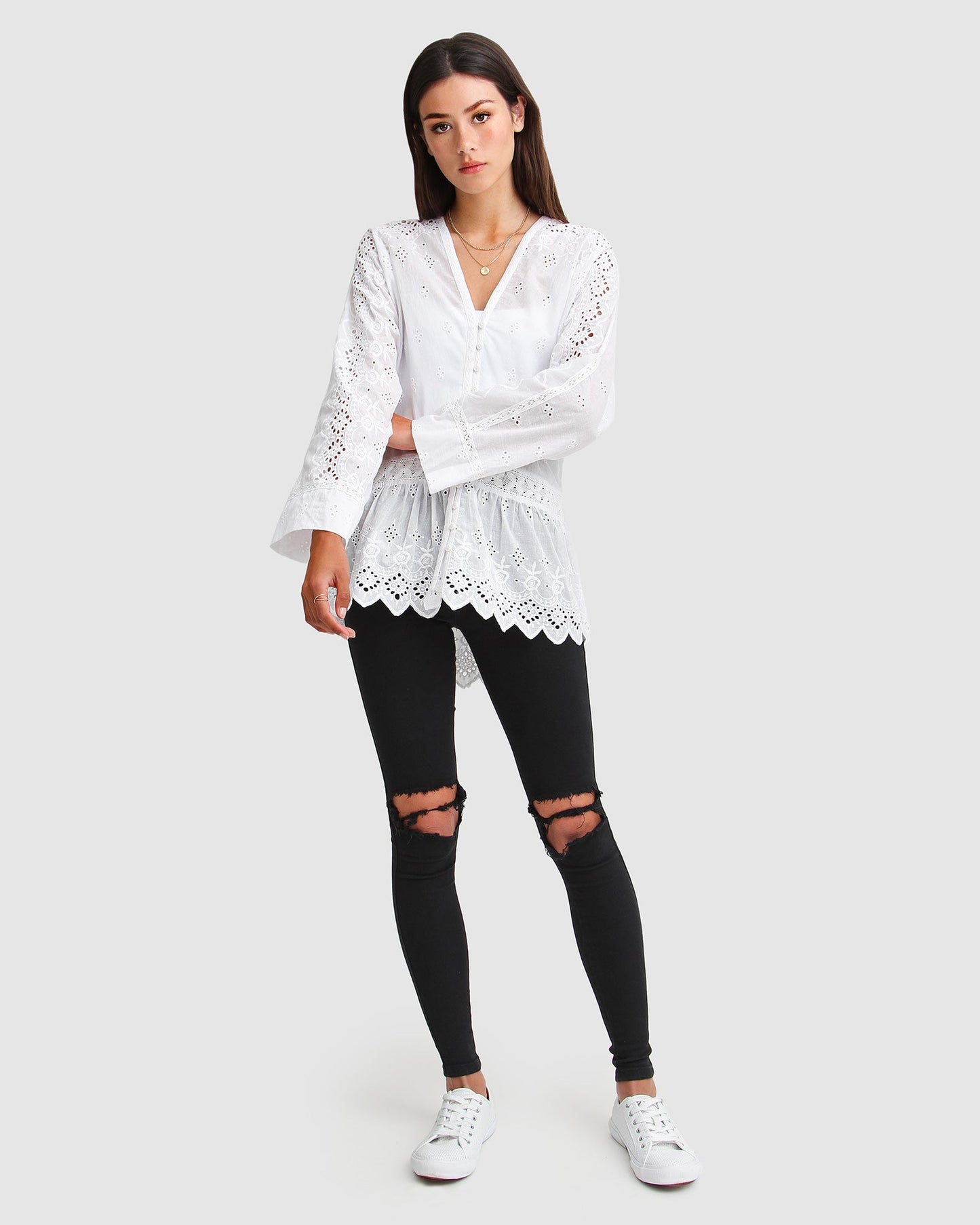 Unbutton Me Eyelet Button Down Shirt - White